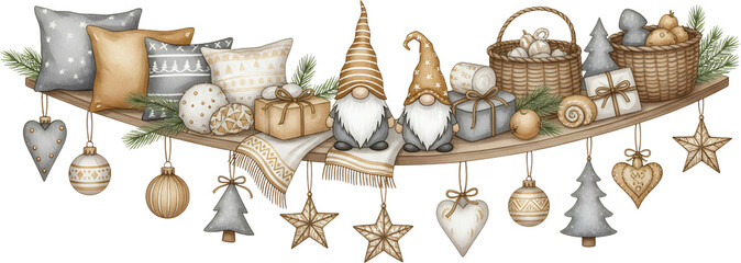 Decorative shelf display with two gnomes pillows gifts baskets pine sprigs and hanging ornaments like Christmas trees hearts and stars in muted neutral tones
