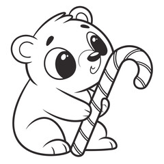 Adorable polar bear cub character hugging a festive candy cane with a minimalist style