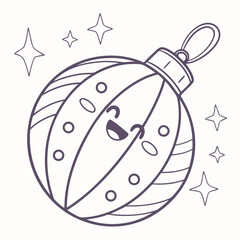 Cute smiling kawaii ornament ball with sparkling stars and festive details
