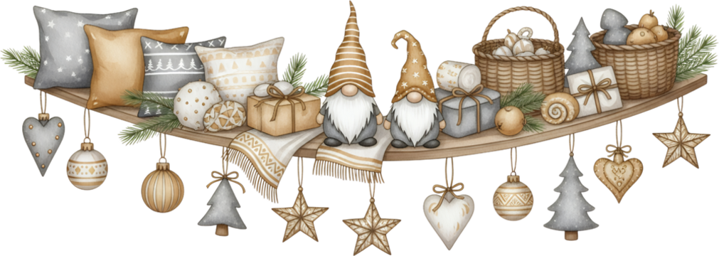 Decorative shelf display with two gnomes pillows gifts baskets pine sprigs and hanging ornaments like Christmas trees hearts and stars in muted neutral tones
