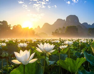 A breathtaking sunrise over a vast expanse of white lotus flowers, bathed in golden light, creating a serene and peaceful atmosphere.