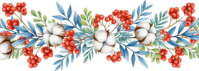 Fototapeta premium Watercolor floral border featuring white cotton bolls red berries and blue and green leaves on a transparent background botanical nature decorative design element