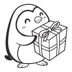 Adorable cartoon penguin character holding a festive christmas gift box with a minimalist aesthetic