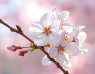 Fototapeta premium Delicate white cherry blossoms in soft focus, showcasing delicate petals and subtle pinks, against a pastel background.