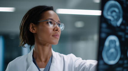 Fototapeta premium Female doctor analyzing brain MRI scans on large digital screen, modern hospital environment, advanced neurology research doctor analyzing MRI, brain scans, medical diagnostics, ne