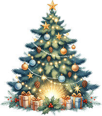 A beautifully decorated evergreen Christmas tree adorned with golden star ornaments blue and gold baubles pine cones string lights and festive gifts at its base