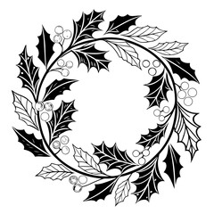 Festive christmas wreath circular design with holly berries and greenery