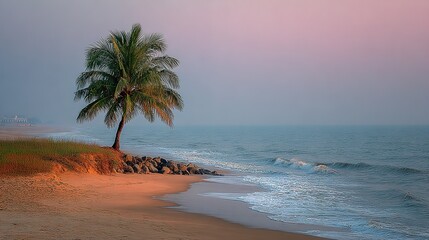 Palm tree stands on a sandy beach near the ocean at dusk.