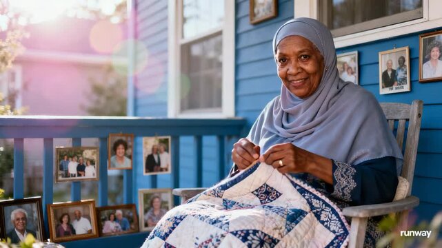 An elderly woman enjoys a moment of serenity on her porch, hand-stitching a colorful quilt while surrounded by cherished family photos, reflecting love and heritage in her craft.