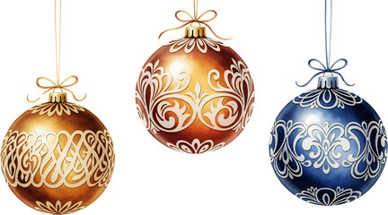 Three Ornate Christmas Baubles One Blue And Two Bronze Hang Suspended By Threads Against A Transparent Background Christmas Ornaments Holiday Decorations Festive