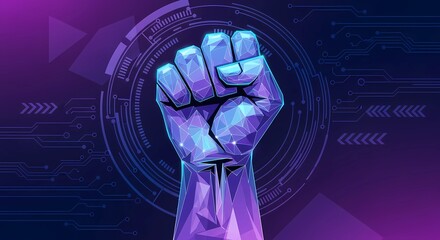 Captivating Futuristic Digital Illustration Depicting a Powerful Clenched Fist Symbolizing Strength, Unity, and Resistance in a Technological Landscape