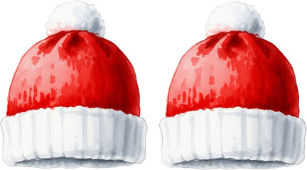 Two Watercolor Illustrations Of Red Santa Hats With White Pom Poms And White Trim Set Against A Transparent Background Christmas Red Hat Winter Hat Pompom Holiday