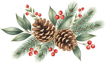 Two brown pine cones nestled within lush green fir branches adorned with red berries and eucalyptus leaves red berry eucalyptus leaf Christmas decoration