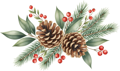 Two brown pine cones nestled within lush green fir branches adorned with red berries and eucalyptus leaves red berry eucalyptus leaf Christmas decoration