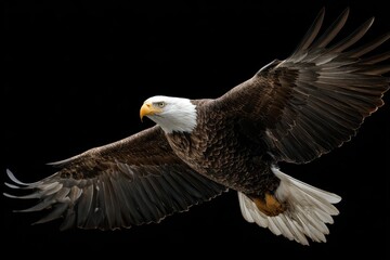 Naklejka premium Majestic bald eagle soaring gracefully against a dark backdrop showcases its vibrant plumage and powerful wings during midflight in a natural habitat