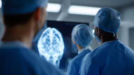 Modern hospital operating room with surgeons analyzing interactive 3D scan of human head, neurosurgery preparation interactive 3D scan, operating room, neurosurgery, advanced medic