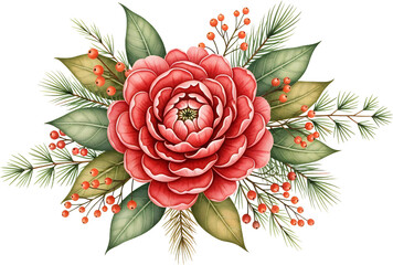 Detailed watercolor arrangement of a vibrant red camellia flower with green leaves pine branches and red berries on a transparent background Floral Botanical
