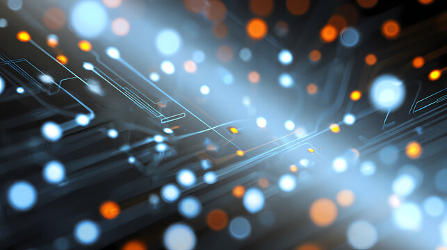 Abstract Circuit Board with Glowing Lights and Data Flow Connections