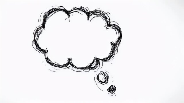 A hand-drawn, scribbled thought bubble shape on a white background, empty inside
