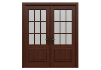 Isolated dark brown wooden French doors with glass panels elegant classic design residential entrance architectural element home interior exterior