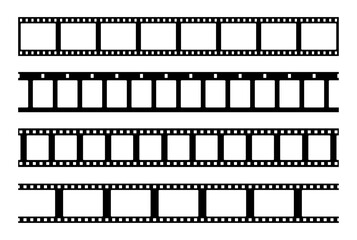 Camera reel, film strip, movie reel, camera roll, photo frame seamless border set vector illustration