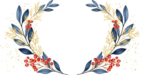 Decorative wreath with dark blue leaves gold foliage and red berries scattered with golden glitter accents Confetti Festive Winter Autumn Christmas Nature