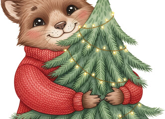 Cute cartoon fox character wearing a red knitted sweater hugs a decorated Christmas tree with fairy lights watercolor illustration transparent background