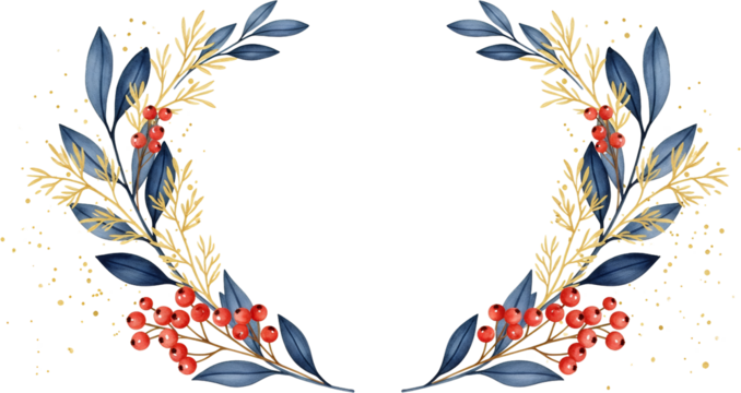 Decorative wreath with dark blue leaves gold foliage and red berries scattered with golden glitter accents Confetti Festive Winter Autumn Christmas Nature