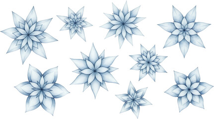 Collection Of Nine Stylized Blue And White Abstract Floral Elements Arranged On A Transparent Background With Varying Petal Counts And Intricate Layered Designs