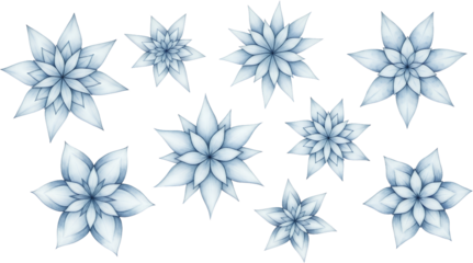 Collection Of Nine Stylized Blue And White Abstract Floral Elements Arranged On A Transparent Background With Varying Petal Counts And Intricate Layered Designs