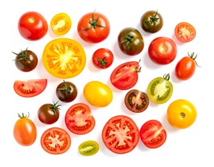 Vibrant array of various tomato varieties, whole and sliced, arranged artistically on a white background, showcasing the diverse colors and textures of these fresh produce.
