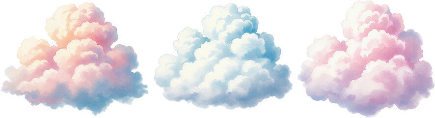 Three stylized fluffy clouds with soft pink and blue watercolor hues against a transparent background Transparent background sky pastel airy light cumulus