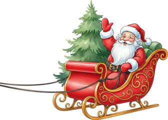 Jolly Santa Claus in red sleigh with golden scrollwork waves hello beside a green pine tree watercolor illustration festive holiday character Christmas