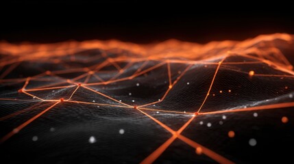 Bright orange lines form a network over a dark, textured terrain, creating a captivating digital landscape reminiscent of a futuristic environment.