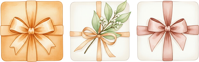 Three watercolor gift boxes adorned with ribbon bows and botanical elements presented side by side on a transparent background illustration festive celebration