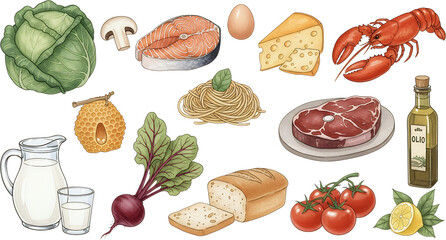 A vibrant collection of assorted food items including raw steak salmon fillet lobster spaghetti bread cheese vegetables milk egg olive oil and honeycomb