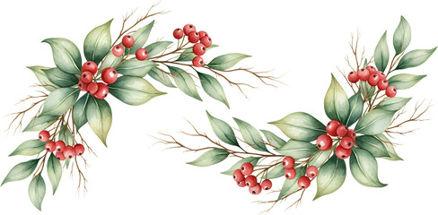 Watercolor Illustration Of Green Leaves And Red Berries On Thin Branches Forming Decorative Borders On A Transparent Background Natural Botanical Festive Seasonal