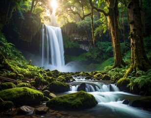 Lush waterfall cascading down a rocky incline in a vibrant, sun-drenched forest, with mossy rocks and flowing water.