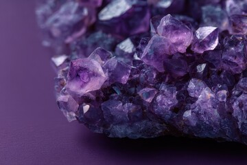 Rich amethyst purple wallpaper and background highlighted by dazzling clusters of crystals showcasing intricate facets and natural beauty in a soft, elegant design