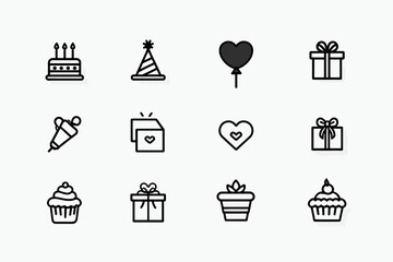 Collection of line icons representing birthday party elements on a white background, concept for invitation design, greeting cards, and party decorations