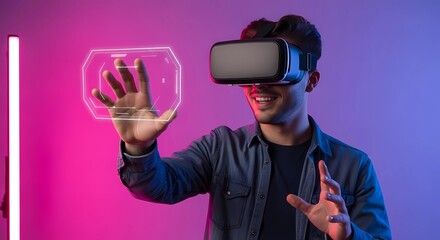 Captivating Futuristic Scene of a Young Man Immersed in a Virtual Reality Experience with Vibrant Neon Lighting and Dynamic Gestures