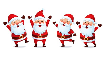 Illustration of four cheerful cartoon santa claus characters dancing and celebrating isolated on white background
