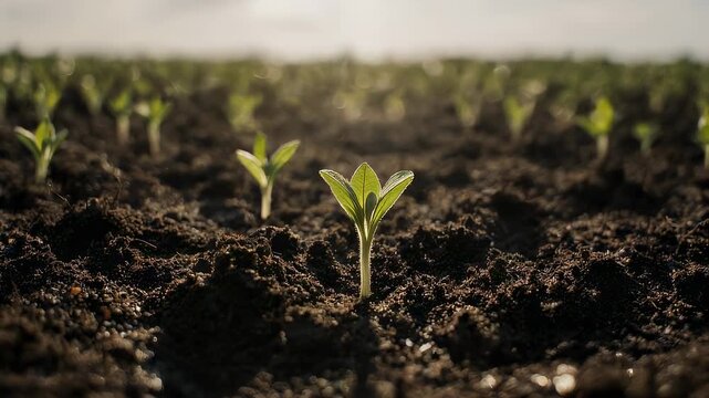 Emerging sprouts in a field, lit by sunlight, with blurred background