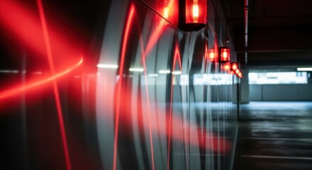 Dynamic interplay of red light and linear reflections in an industrial or parking structure