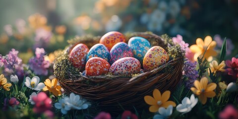Basket filled with colorful decorated eggs surrounded by blooming flowers in a bright spring setting during the Easter celebration