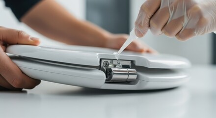 Hands applying lubricant to pivot points of slowclose hinges before final installation on toilet seat.
