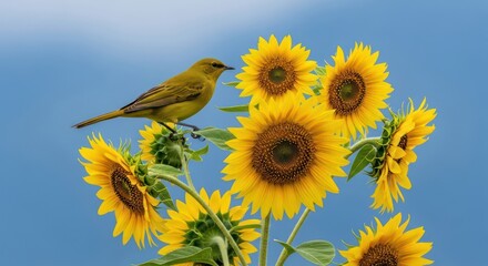 Golden songbird perched among sun-kissed sunflowers against a serene blue sky backdrop