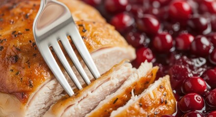 Succulent sliced turkey breast with glistening skin and tangy cranberry sauce evokes culinary