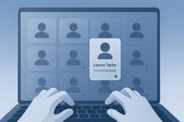 Hands typing on laptop with virtual conference screen showing participant profiles and online meeting interface
