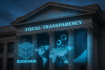A futuristic building displays "Fiscal Transparency" and blockchain visuals, emphasizing technology's role in finance.
